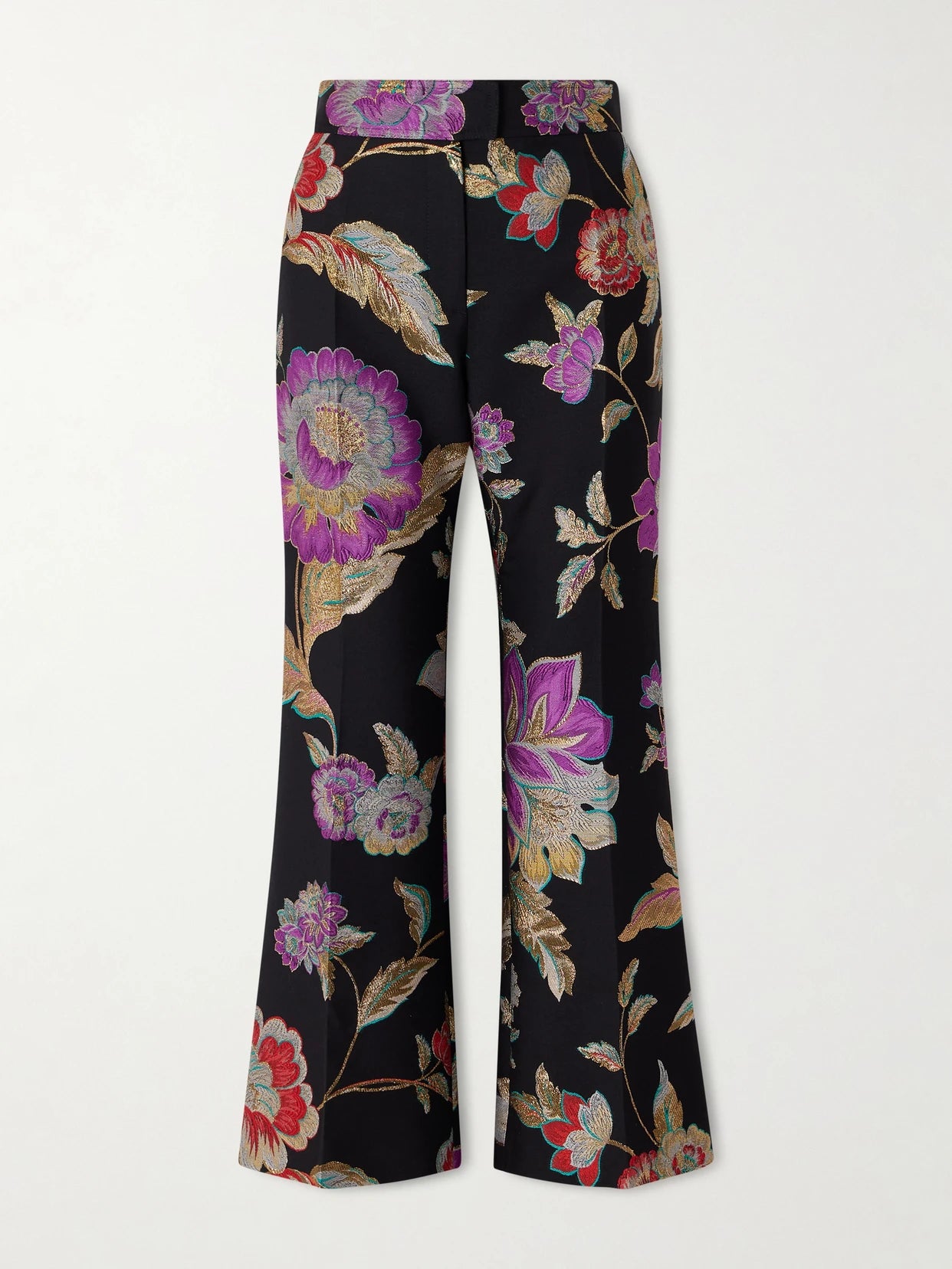 Floral-brocade Wool-blend Straight-leg Pants