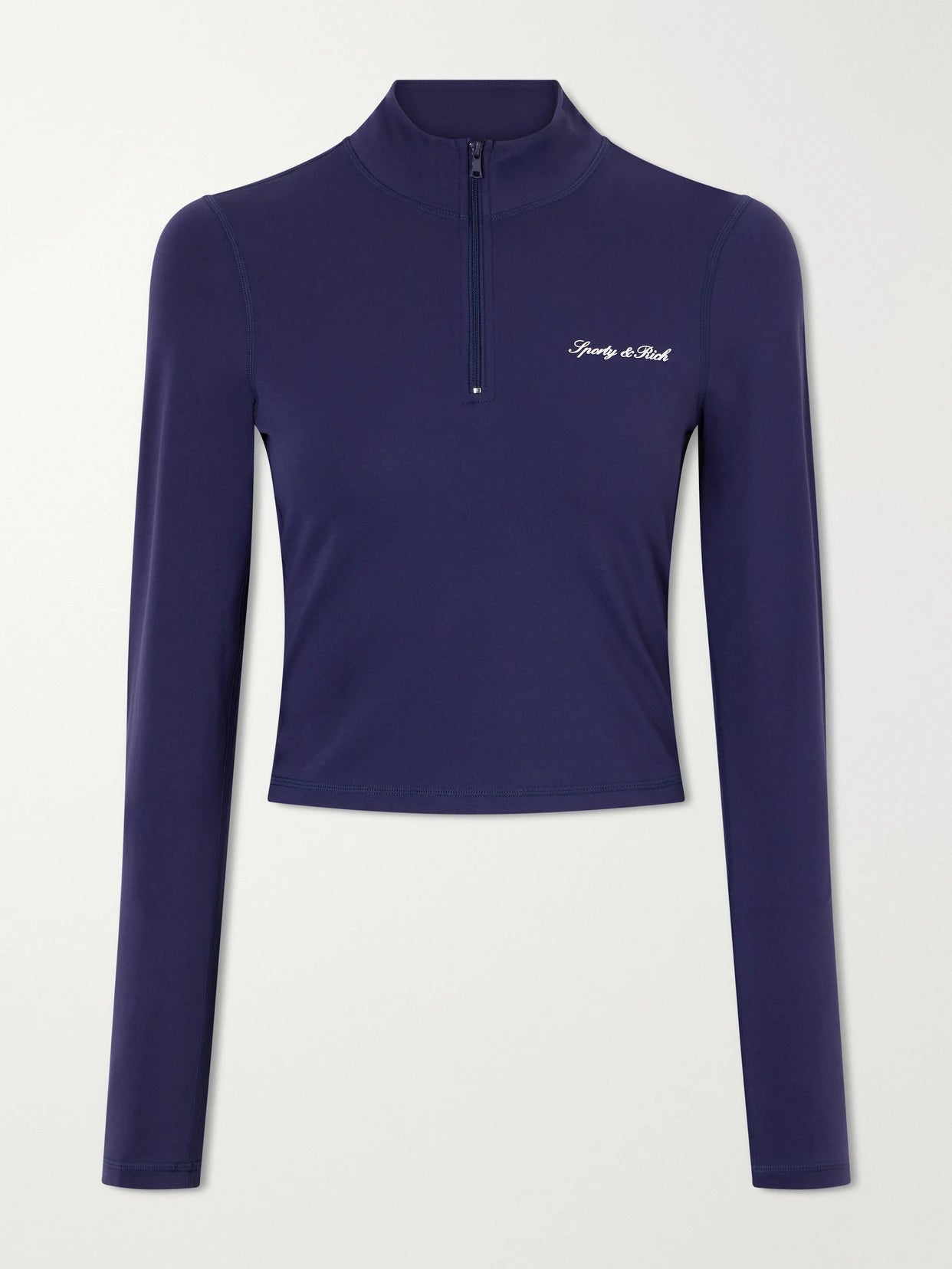 Image of Coats & Jackets. Product name - Logo-appliquéd Cropped Stretch-jersey Half-zip Jacket in Navy colour by brand - Sporty & Rich