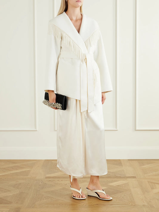 Image of Coats & Jackets. Product name - Rowen Belted Fringed Wool-blend Jacket in White, Black colour by brand - SIMKHAI