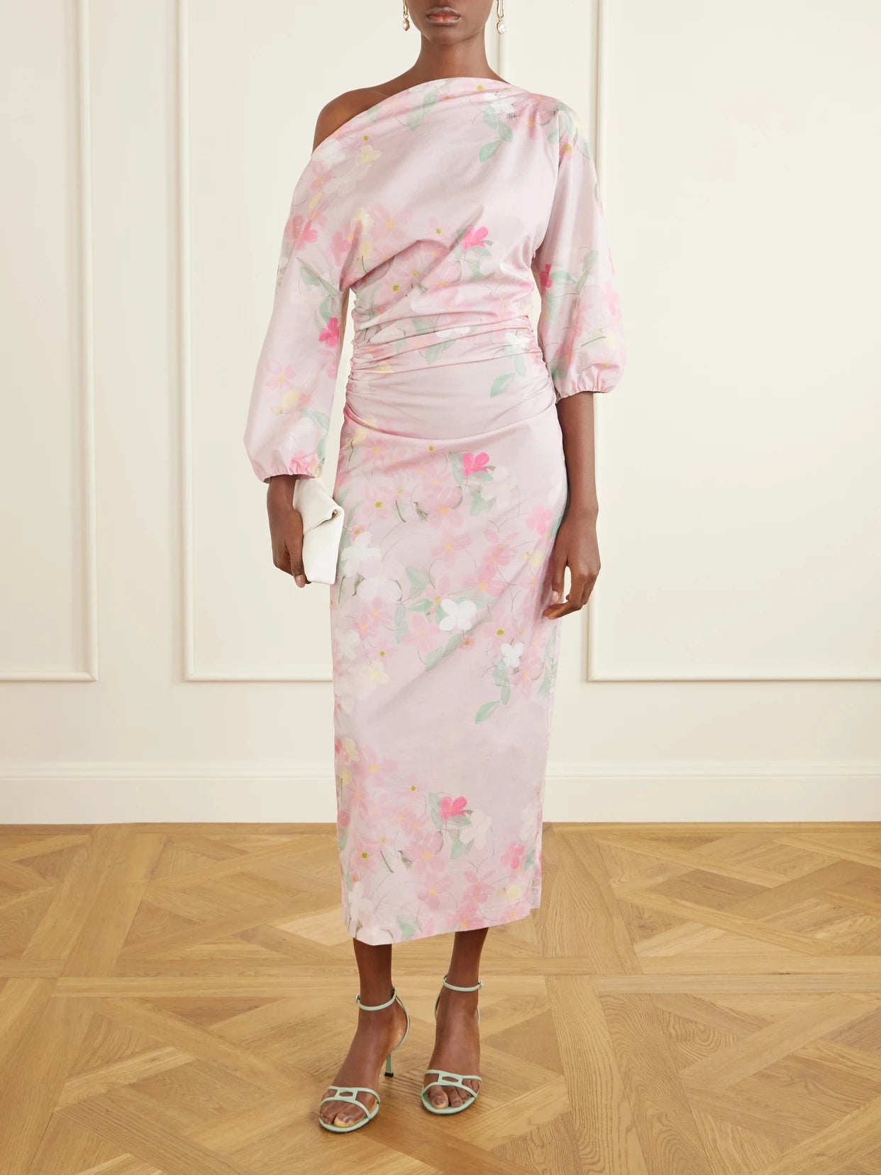 Image of Dresses. Product name - Ezra Floral-print Cotton-blend Midi Dress in Pink colour by brand - BERNADETTE