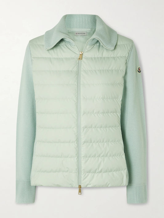Image of Coats & Jackets. Product name - Wool And Padded Quilted Shell Down Cardigan in Sage green colour by brand - Moncler