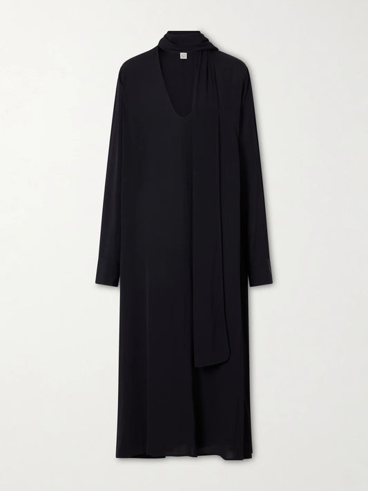 Image of Dresses. Product name - Tie-detailed Woven Maxi Dress in Black colour by brand - TOTEME