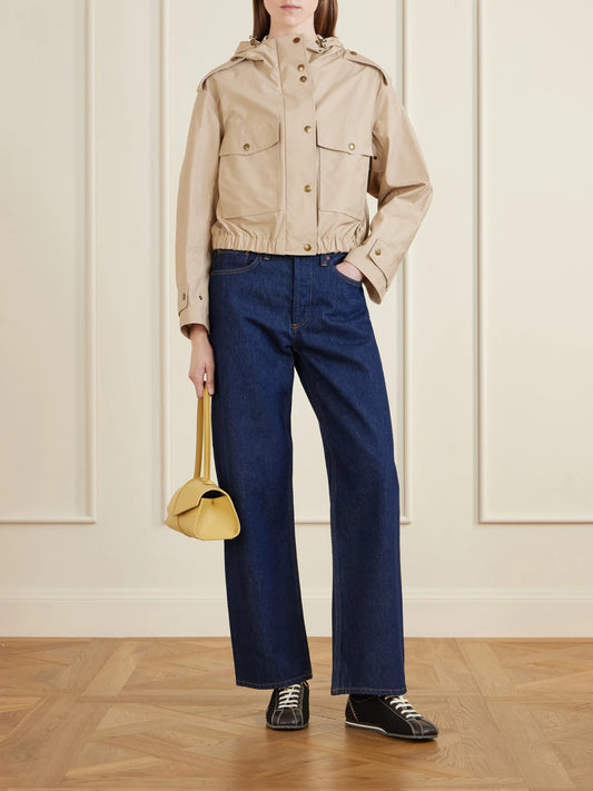 Image of Coats & Jackets. Product name - Carex Hooded Cotton-blend Poplin Cropped Jacket in Beige colour by brand - Moncler