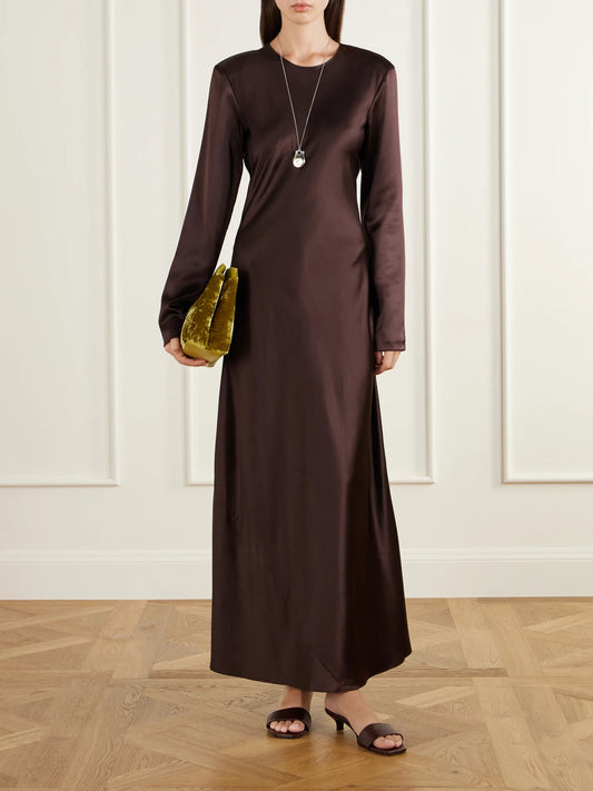 Image of Dresses. Product name - Mercedes Silk-satin Maxi Dress in Dark brown colour by brand - Heirlome