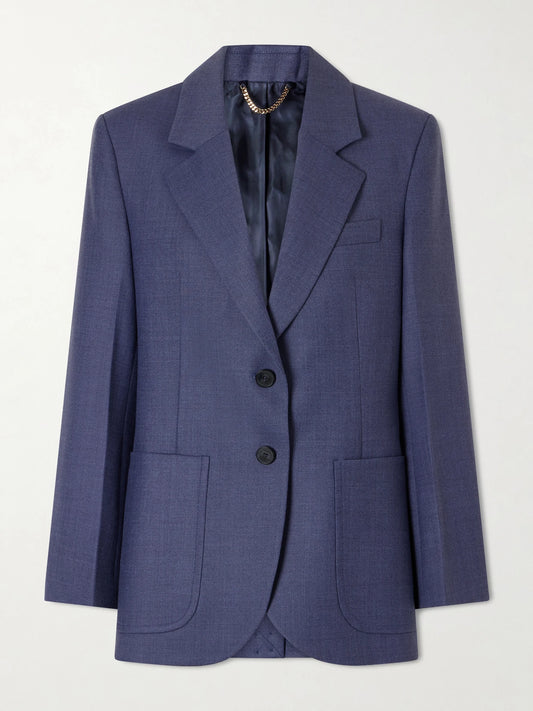Image of a model wearing Outerwear. Product name - Katherine Twill Blazer in Blue colour by brand - Victoria Beckham