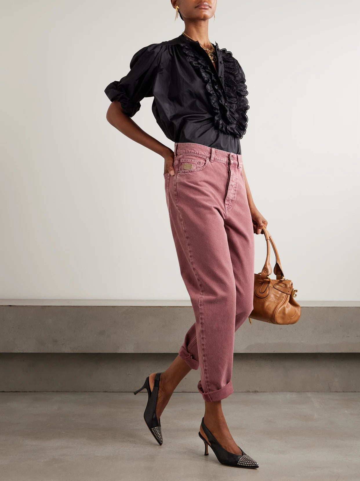 Image of Jeans. Product name - Organic Mid-rise Tapered Jeans in Pink colour by brand - Chloé