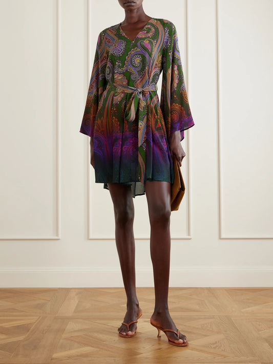 Image of Dresses. Product name - Belted Paisley-printed Jersey Mini Dress in Navy colour by brand - Etro