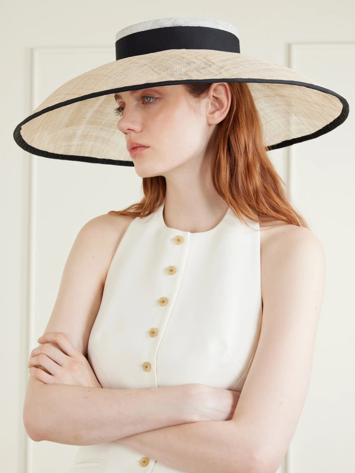 Image of Hats. Product name - Maris Grosgrain-trimmed Sinamay Sunhat in Neutral colour by brand - Gigi Burris