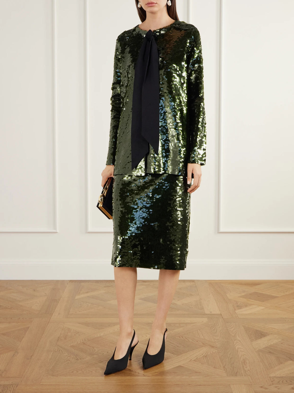 Image of Outfit Sets. Product name - Sequined Knitted Knee-length Skirt in Dark green colour by brand - Carolina Herrera
