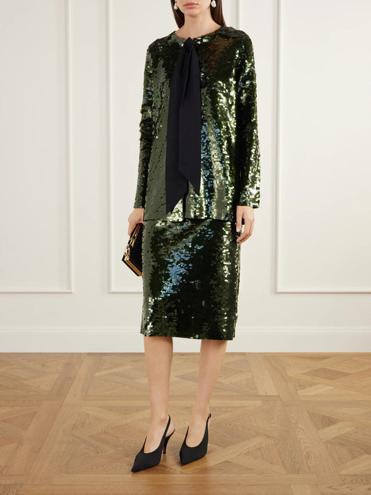 Image of Outfit Sets. Product name - Sequined Knitted Knee-length Skirt in Dark green colour by brand - Carolina Herrera