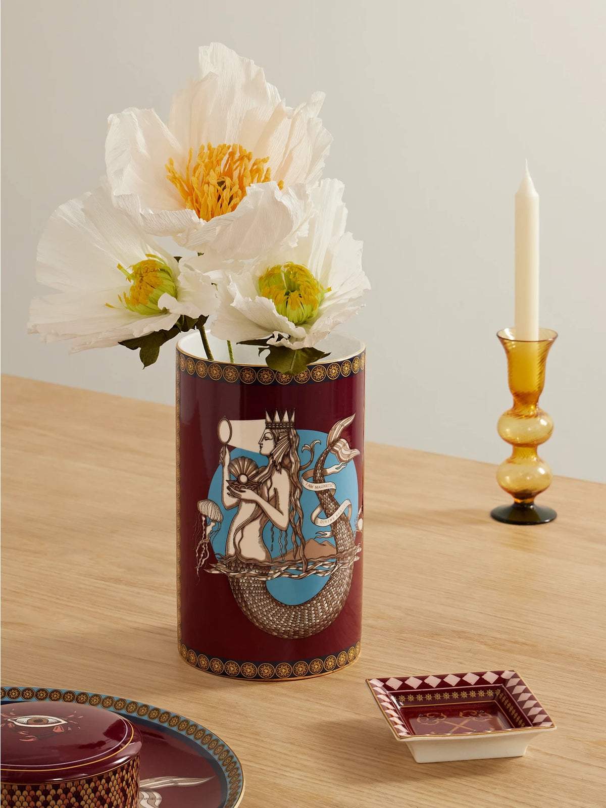 Image of Decor. Product name - Small Pillar Gold-plated Porcelain Vase in Burgundy colour by brand - La DoubleJ