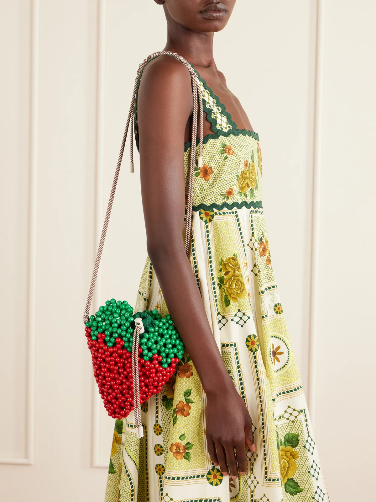Image of Bags. Product name - Strawberry Beaded Wood Shoulder Bag in Red colour by brand - ALÉMAIS