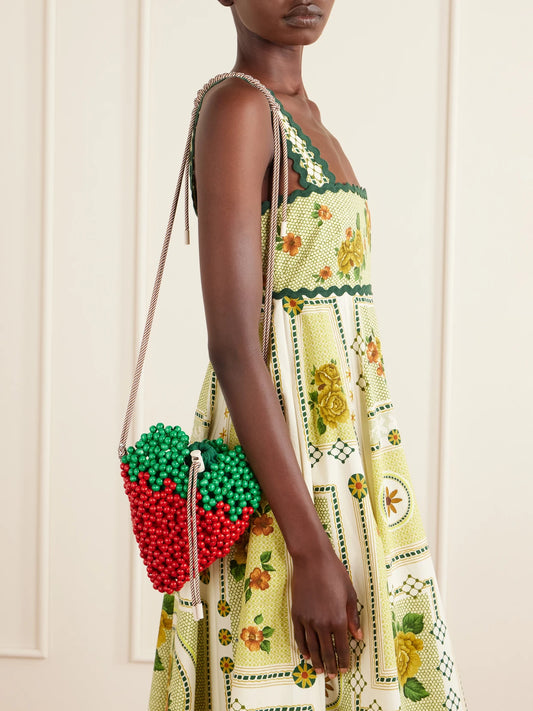 Image of Bags. Product name - Strawberry Beaded Wood Shoulder Bag in Red colour by brand - ALÉMAIS