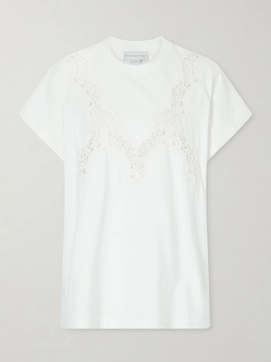 Image of a model wearing Tops. Product name - Lace-trimmed Cotton-jersey T-shirt in White colour by brand - Stella McCartney