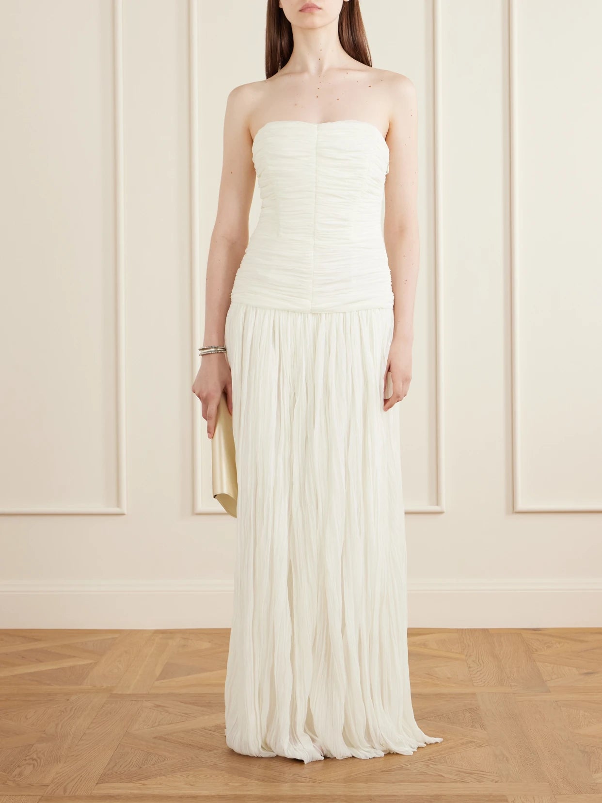 Image of Dresses. Product name - Danielle Crinkled Bustier Gown in Ivory colour by brand - SIMKHAI