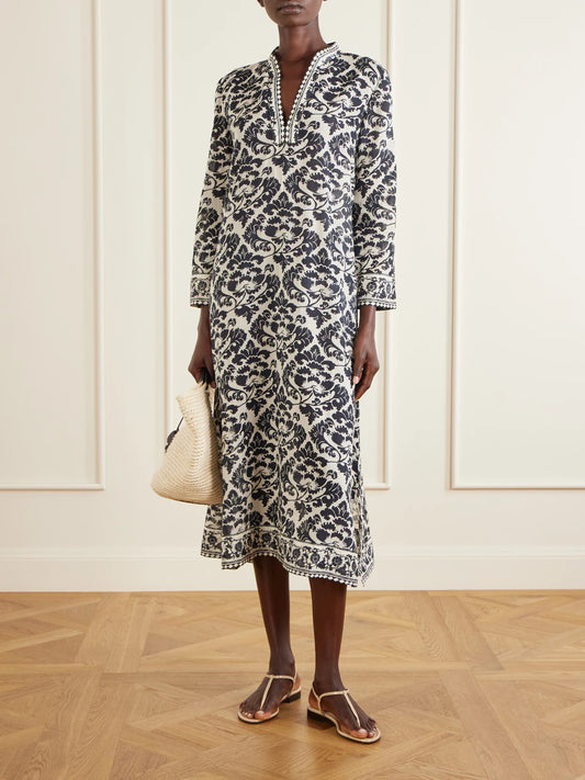 Image of Dresses. Product name - Giada Printed Cotton Midi Dress in Black colour by brand - Emporio Sirenuse
