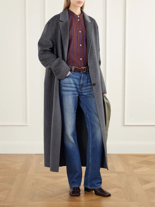 Image of a model wearing Tops. Product name - The Editor Striped Cotton And Silk-blend Poplin Shirt in Burgundy colour by brand - Jamie Haller