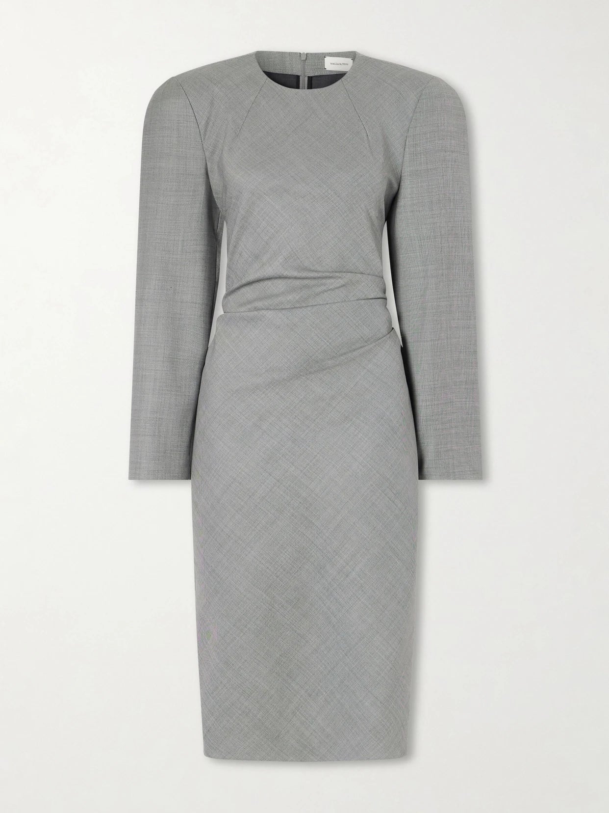 Tie-detailed Gathered Padded Wool-blend Midi Dress