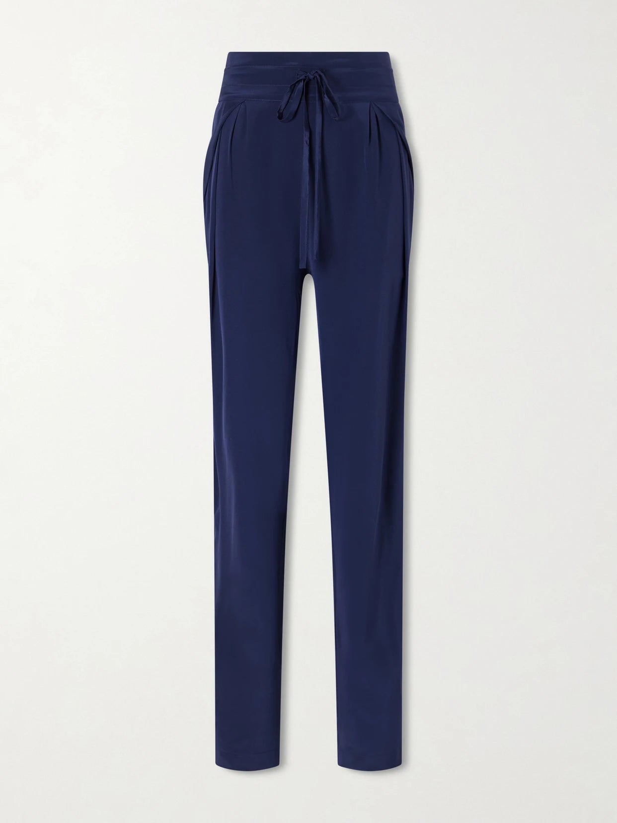 Image of a model wearing Pants. Product name - The Vardar Silk-blend Straight-leg Pants in Navy colour by brand - Sharon Wauchob