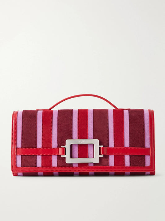 Belle Vivier Buckled Leather-trimmed Striped Suede Clutch