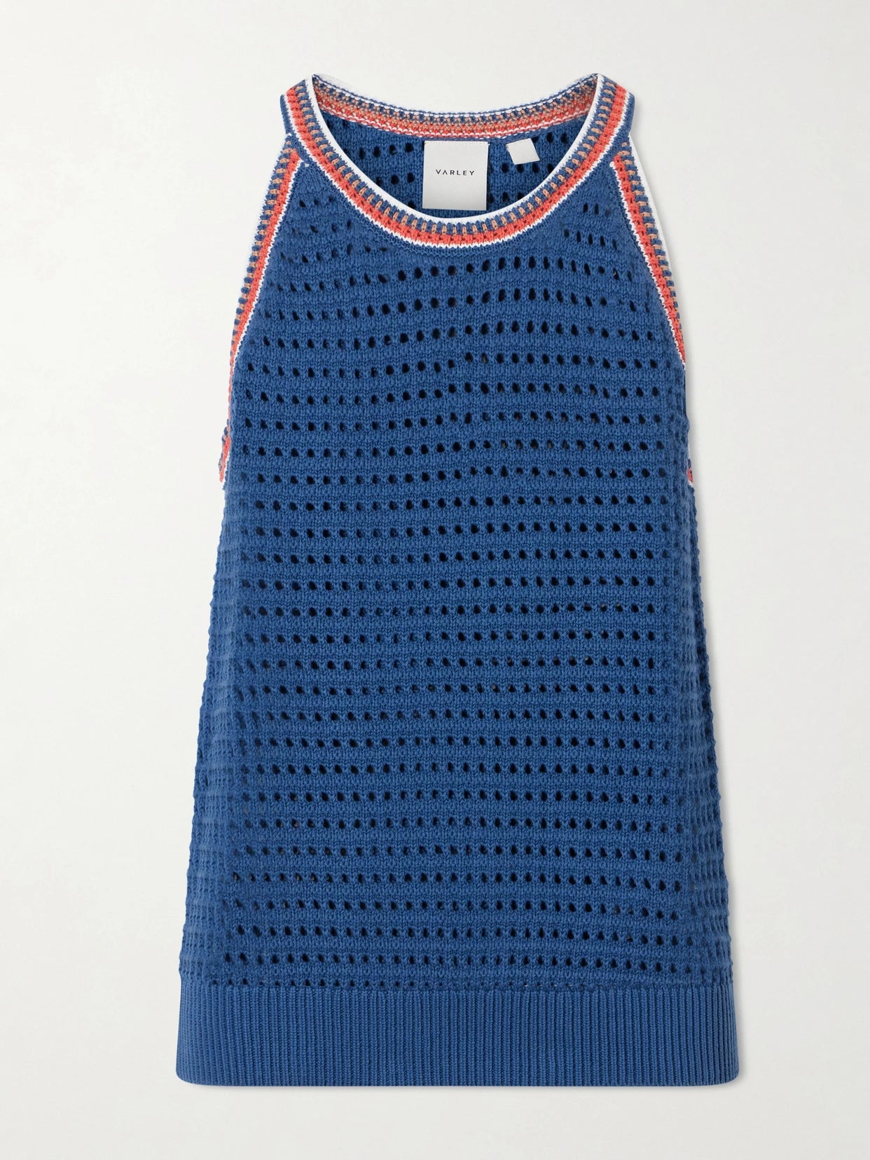 Image of a model wearing Tops. Product name - Aberg Crochet-knit Cotton Tank in Blue colour by brand - Varley