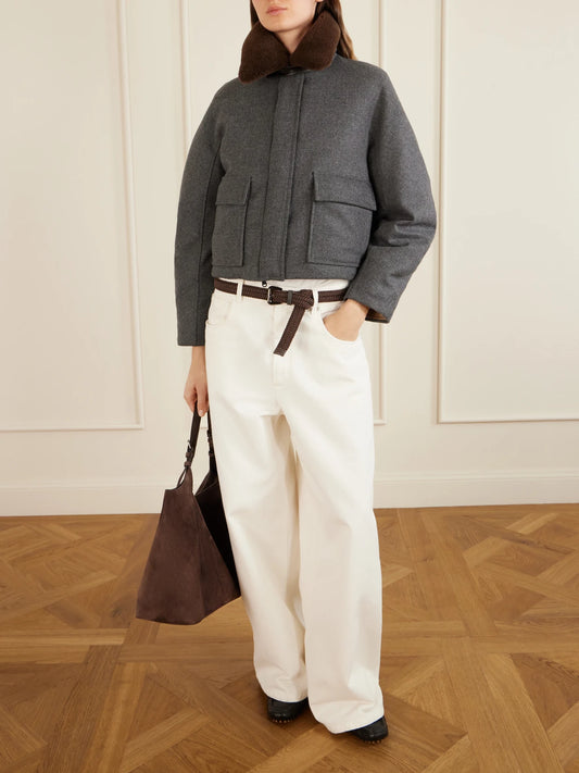 Image of Coats & Jackets. Product name - Shearling-trimmed Padded Wool And Cashmere-blend Down Jacket in Gray colour by brand - Brunello Cucinelli