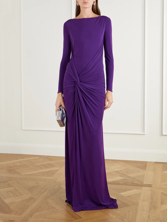 Image of Dresses. Product name - Twisted Gathered Jersey Gown in Violet colour by brand - Alex Perry