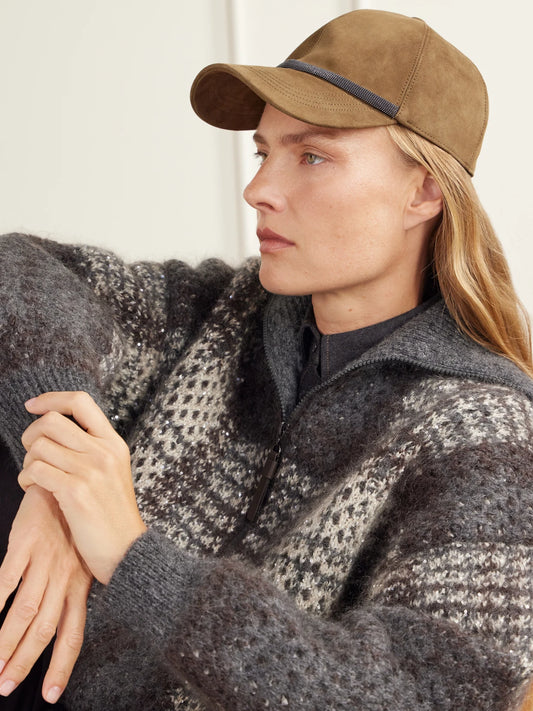 Image of Hats. Product name - Monili-embellished Suede Baseball Cap in Tan colour by brand - Brunello Cucinelli