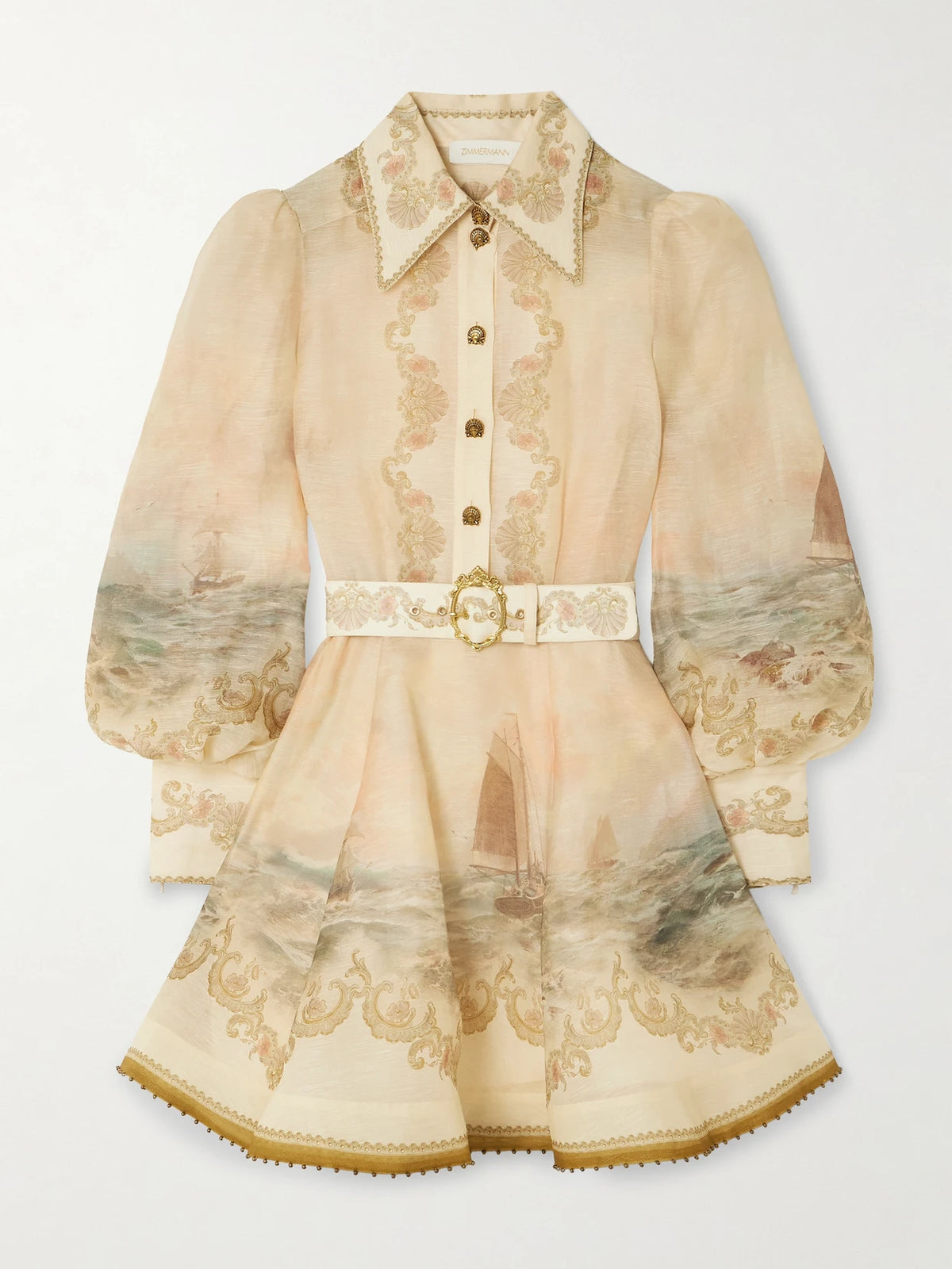 Zimmermann Rebellion Bead-embellished Belted Printed Linen And Silk-blend Mini Dress