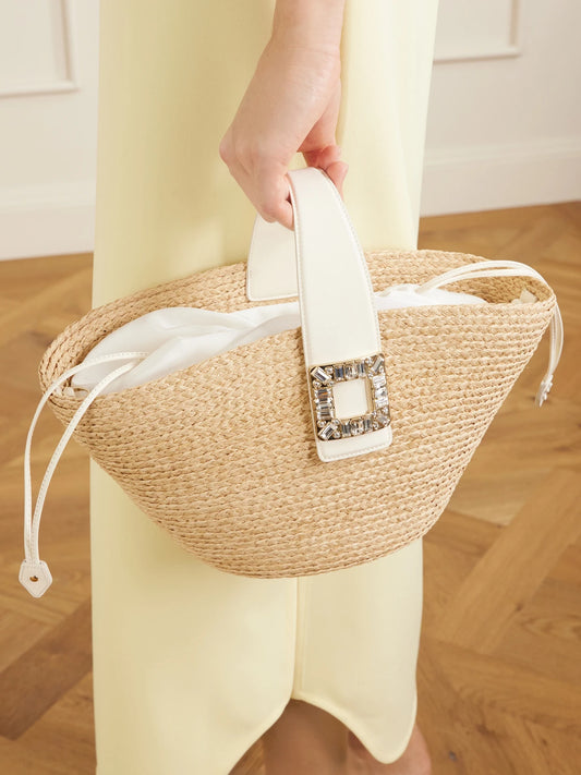 Embellished Leather-trimmed Raffia-effect Tote Bag