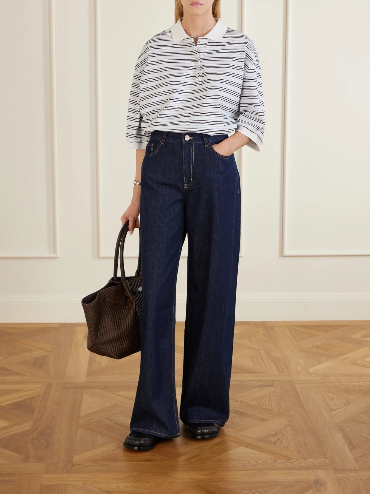 Image of Jeans. Product name - Isadora Cotton-chambray Wide-leg Jeans in Dark denim colour by brand - La Ligne