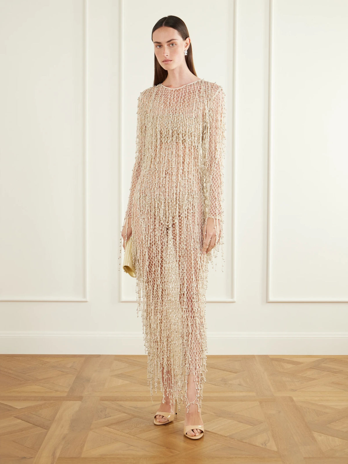 Image of Dresses. Product name - Belinda Fringed-embellished Cotton Crochet-knit Maxi Dress in Cream colour by brand - Yoshita 1967
