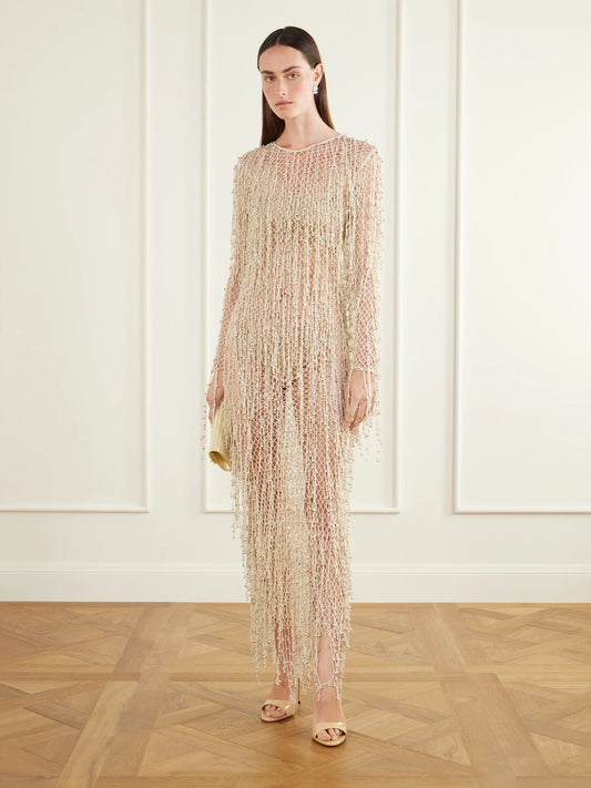 Image of Dresses. Product name - Belinda Fringed-embellished Cotton Crochet-knit Maxi Dress in Cream colour by brand - Yoshita 1967