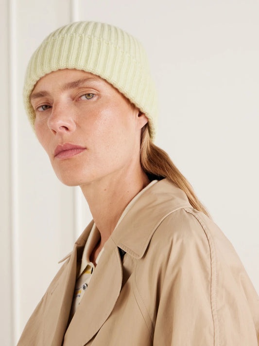 Image of Hats. Product name - Lovat Ribbed Cashmere Beanie in Pastel yellow colour by brand - Johnstons of Elgin