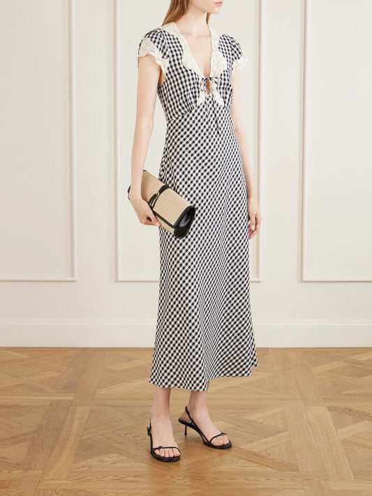 Image of Dresses. Product name - Amari Bow-detailed Lace-trimmed Checked Woven Midi Dress in Multi colour by brand - RIXO