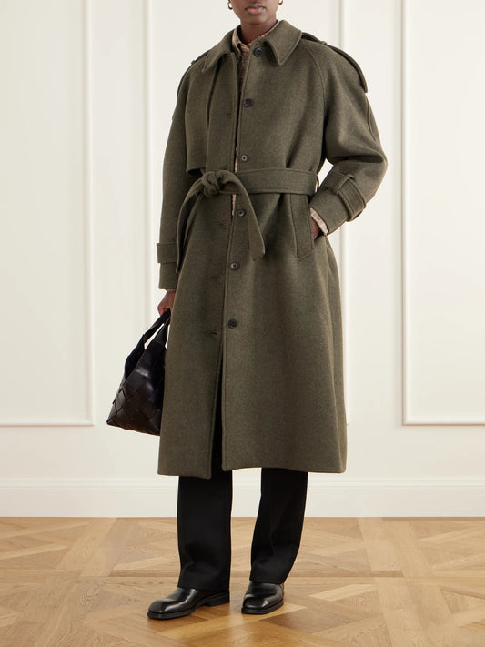 Image of Coats & Jackets. Product name - Manilla Belted Recycled-wool Twill Coat in Army green colour by brand - SKALL