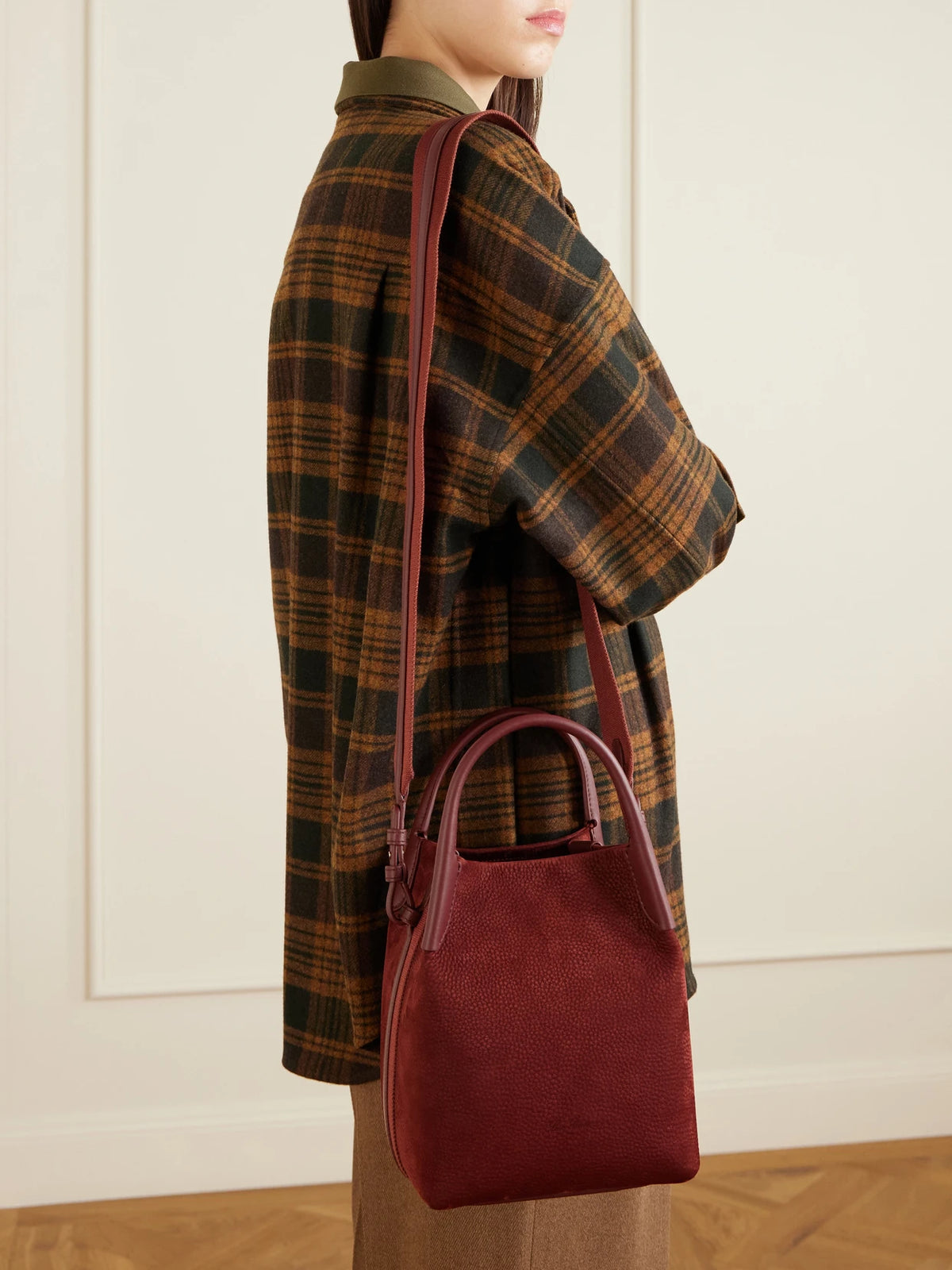 Image of Bags. Product name - Bale Small Leather And Canvas-trimmed Nubuck Tote in Dark brown colour by brand - Loro Piana