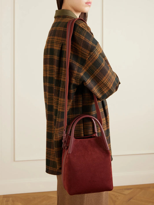 Image of Bags. Product name - Bale Small Leather And Canvas-trimmed Nubuck Tote in Dark brown colour by brand - Loro Piana
