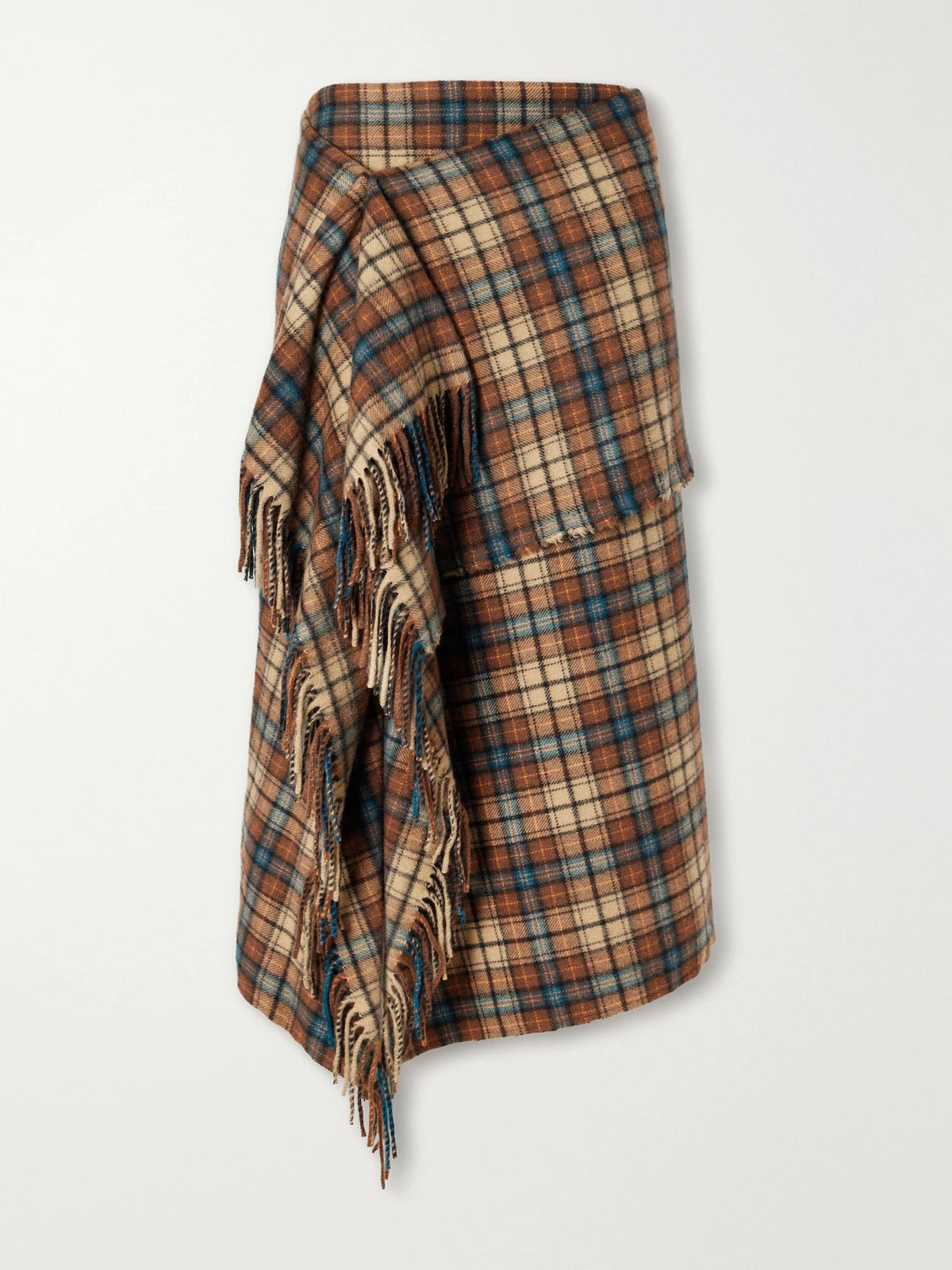 Auralee Asymmetric Fringed Checked Cashmere Wrap Midi Skirt