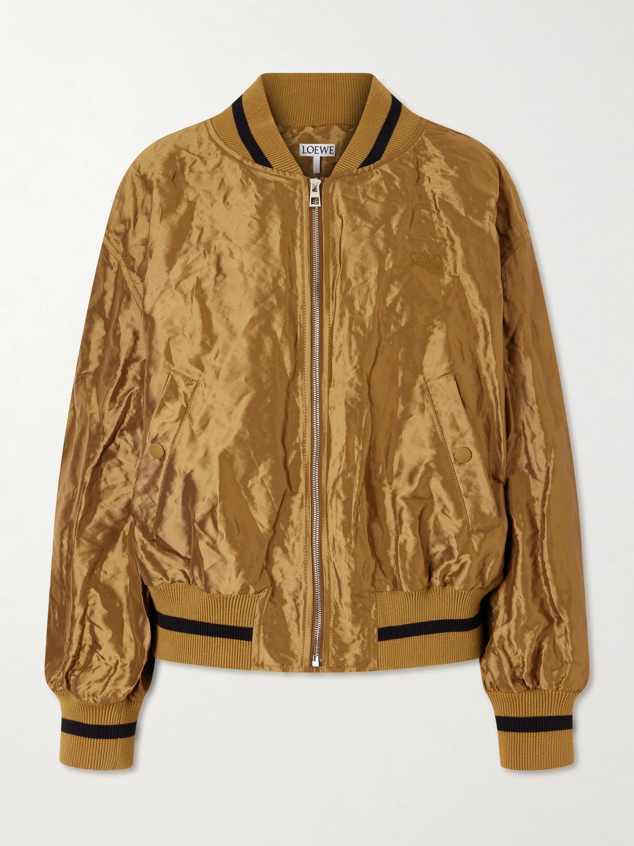 Image of Coats & Jackets. Product name - Anagram Crinkled Satin-twill Bomber Jacket in Gold colour by brand - LOEWE