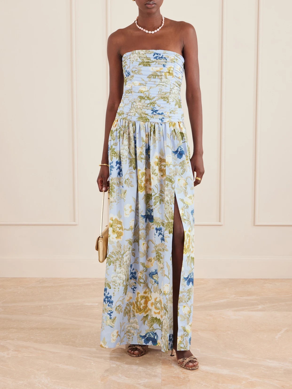 Image of Dresses. Product name - Montreal Strapless Pleated Floral-print Cotton-poplin Maxi Dress in Blue colour by brand - Cara Cara