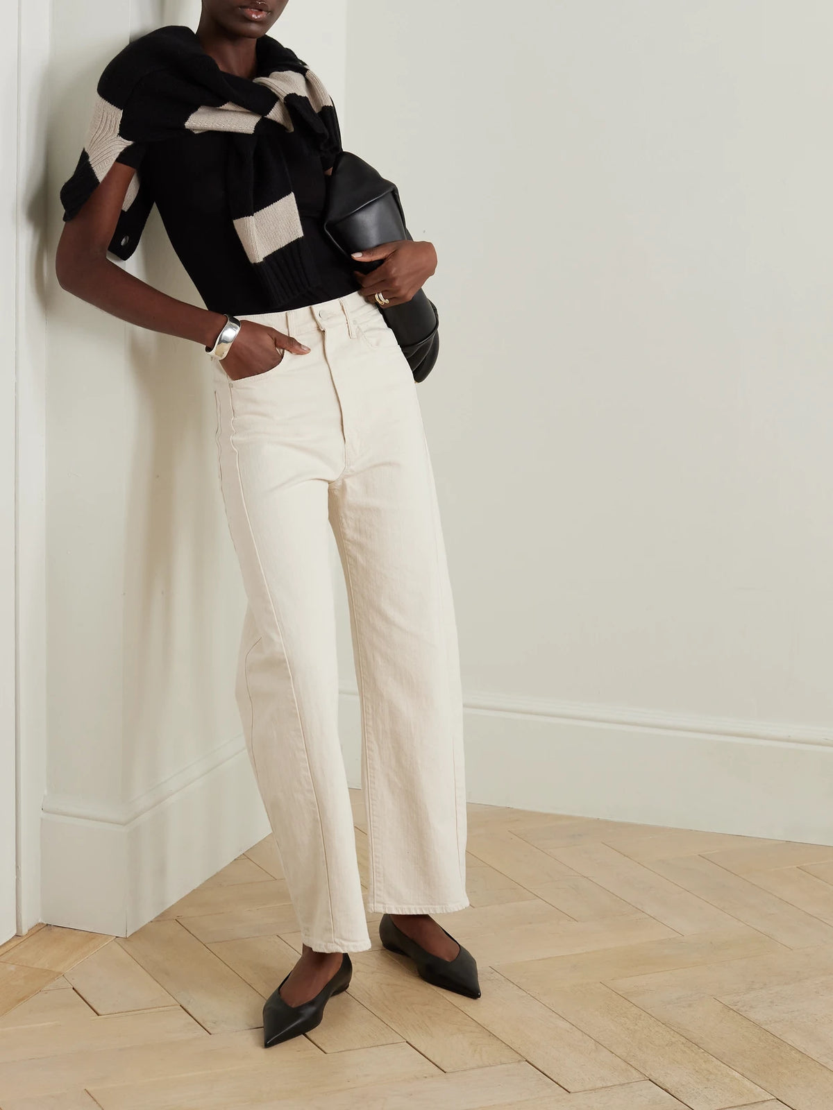 Image of Jeans. Product name - + Net Sustain The Half Pipe Ankle High-rise Tapered Jeans in Cream colour by brand - Mother