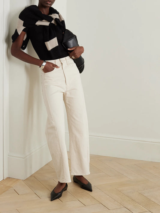 Image of Jeans. Product name - + Net Sustain The Half Pipe Ankle High-rise Tapered Jeans in Cream colour by brand - Mother