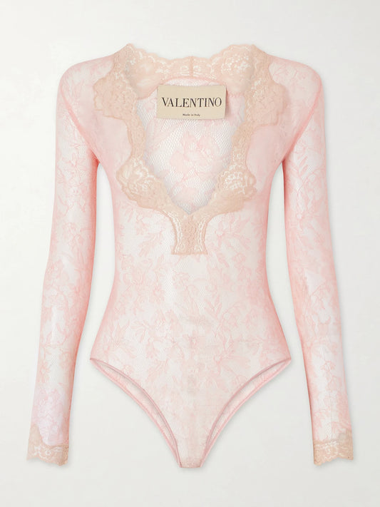 Image of a model wearing Tops. Product name - Stretch-lace Bodysuit in Pink colour by brand - Valentino Garavani