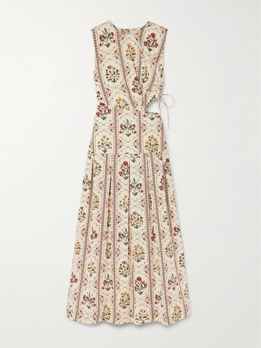 Otoño Andes Embellished Cutout Pleated Printed Cotton Midi Dress