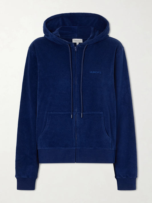 Image of Sleepwear & Loungewear. Product name - Hooded Embroidered Cotton-terry Top in Navy colour by brand - Hunza G