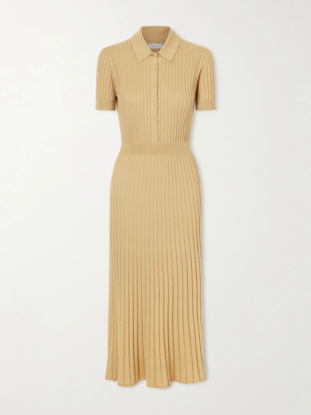 Image of Dresses. Product name - Amor Ribbed Silk And Cashmere-blend Midi Dress in Camel colour by brand - Gabriela Hearst