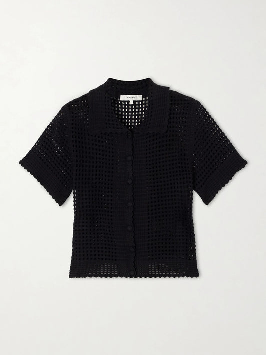Image of a model wearing Tops. Product name - Crochet Cotton-blend Top in Black colour by brand - FRAME