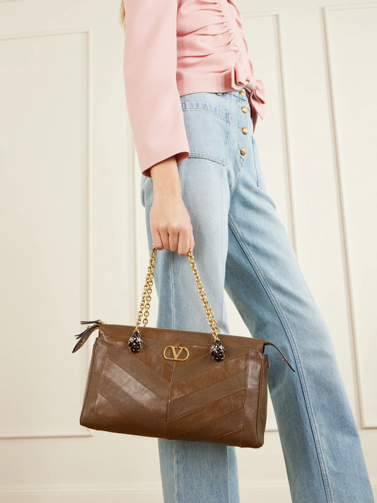Image of Bags. Product name - Panthea Medium Embellished Leather Shoulder Bag in Brown colour by brand - Valentino Garavani