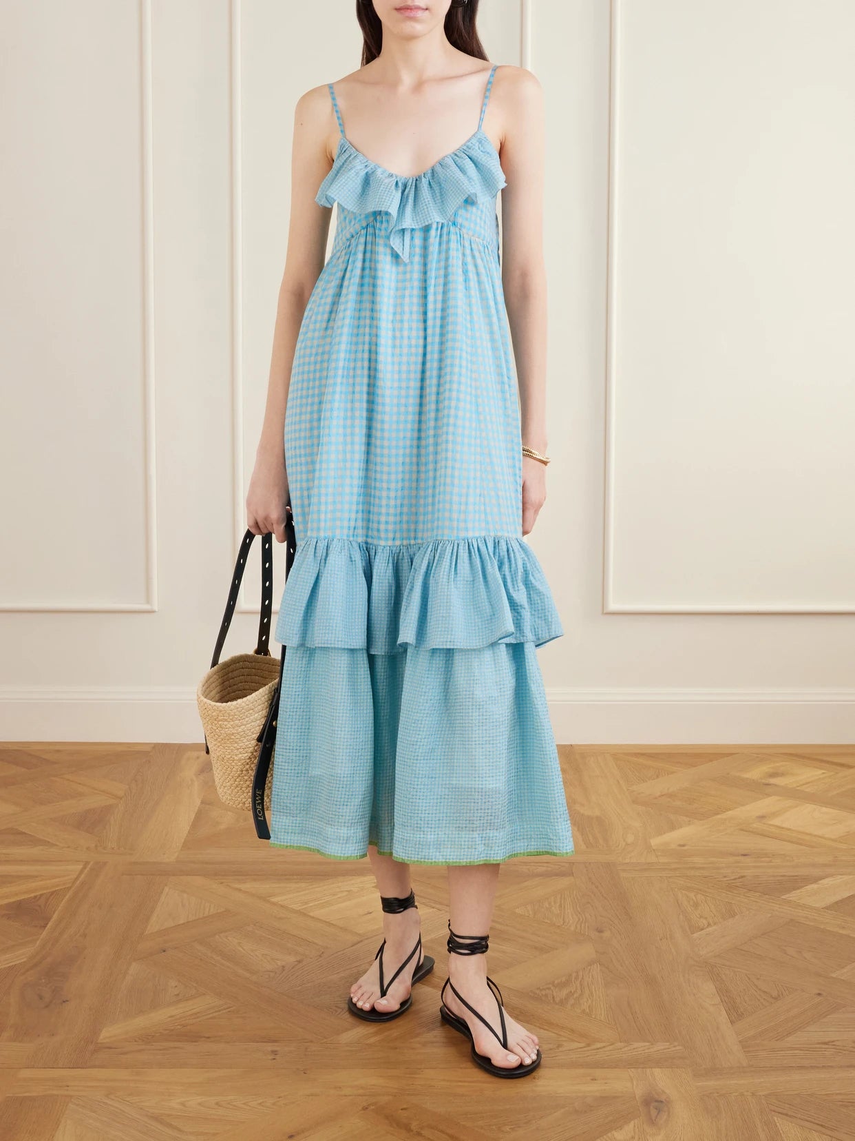 Image of Dresses. Product name - Teek Ruffled Tiered Checkered Cotton Silk Dress in Blue colour by brand - Eka